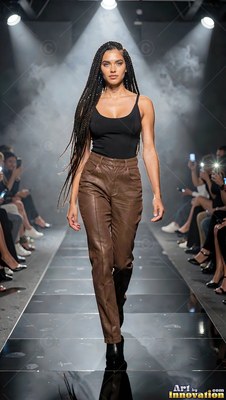 A woman walks the dark runway in brown leather pants under white spotlights