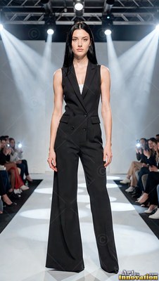 A woman steps along a bright runway in a sleeveless black jumpsuit