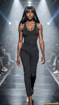 Under lit spotlights, a woman moves down a catwalk in a black tank top and pants