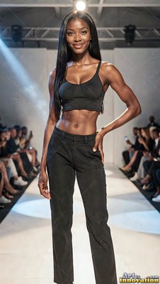 Posing on the catwalk, a smiling Black woman is wearing a black crop top and pants