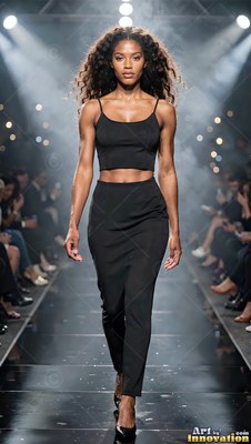 Wearing a black crop top and matching skirt, a woman walks down a smoky runway under bright lights