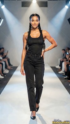 A woman steps along the catwalk in a black tank top under bright overhead spotlights