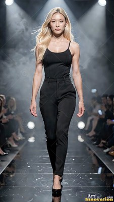 A blonde woman walks down a runway in a black tank top and matching pants