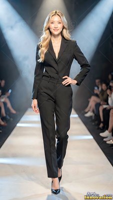 On a lit runway, a smiling blond woman walks forward in a tailored black pant suit