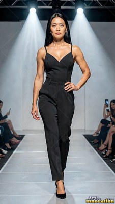 Walking the catwalk under spotlights, a woman poses in a black jumpsuit and heels