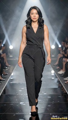 A woman steps along a runway wearing a black sleeveless jumpsuit