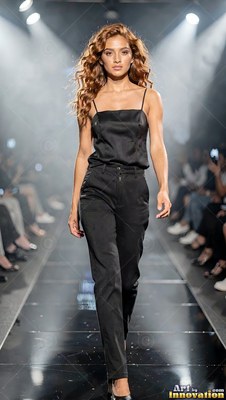 Walking forward on a runway, a woman wears a black top and pants
