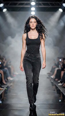 Walking a runway, a woman with curly hair wears a black tank top and dark jeans