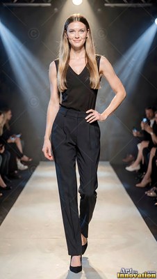 A woman in a black sleeveless top and pants walks on a runway
