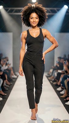 Facing forward on a runway, a woman walks barefoot in black pants