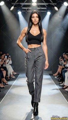 A woman walks the runway in a black crop top and gray trousers under stage lights