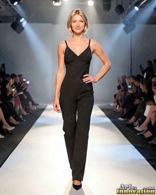 A woman in a black jumpsuit walks down a bright runway