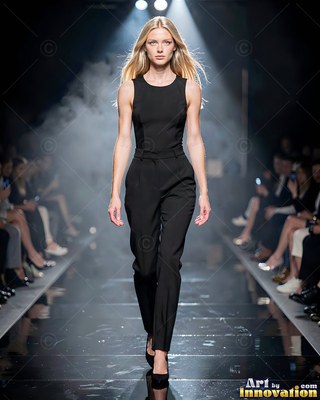 A blonde woman walks a catwalk wearing a black sleeveless jumpsuit under bright white spotlights