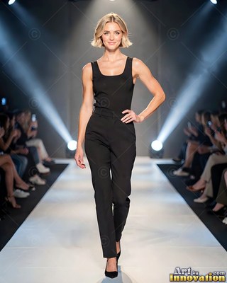Walking forward down a runway, a smiling woman poses in a black tank top and pants