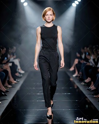 On a glossy runway, a short-haired woman walks in an all-black sleeveless outfit