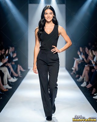 Walking down the runway, a smiling woman poses in a black sleeveless top and trousers