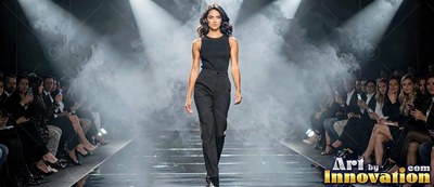 A woman strides down a foggy runway in a sleek black jumpsuit under bright lights