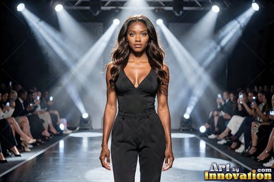 A woman walks the catwalk in a black jumpsuit under bright white spotlights