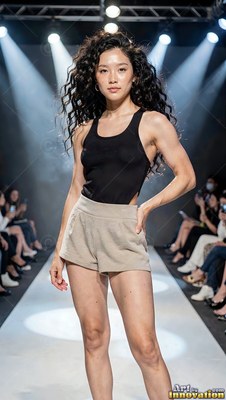 On a runway under spotlights, a woman poses in a black tank top and tan shorts