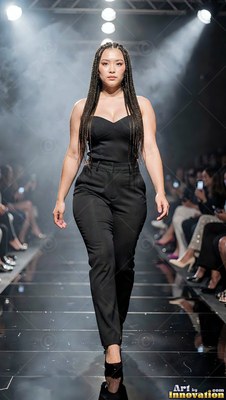 Walking down a dark runway, a woman wears an all-black bustier and trousers