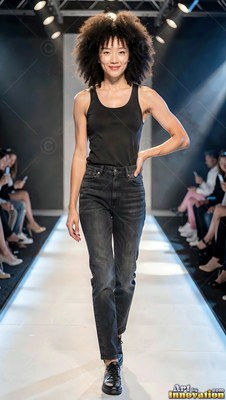 Smiling woman walks a catwalk in a black tank top and jeans