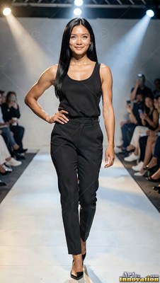 Walking forward on the runway, a smiling woman wears black trousers