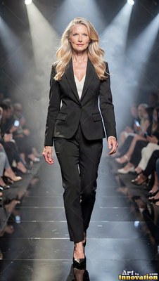 Walking the runway, a fair-haired woman is dressed in a fitted black suit under harsh spotlights