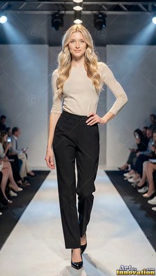Blonde woman walking a runway in black pants and a beige top