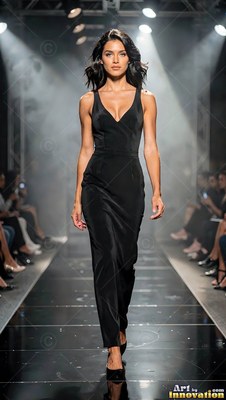 A dark-haired woman walks down the catwalk wearing a black sleeveless jumpsuit under harsh spotlights