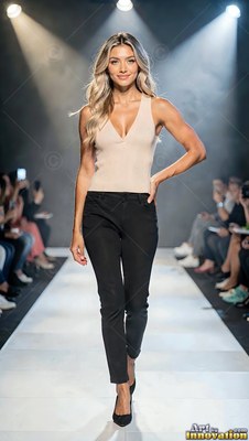 Walking down the runway, a fair-haired woman wears a beige top and black pants