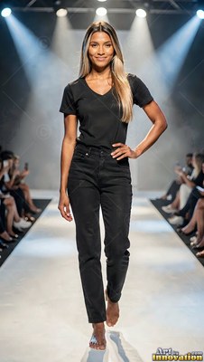 A smiling woman walks barefoot down a runway in all black under bright white spotlights