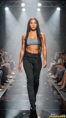 A fit woman strides down a runway in a gray crop top and black pants