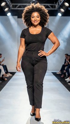 On a bright runway, a smiling woman walks forward in an all-black outfit