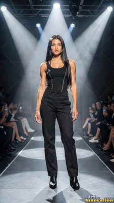 Walking the runway, a woman in a black tank top and matching jeans poses under spotlights
