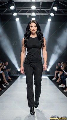 A dark-haired woman walks down the runway in black under bright white spotlights
