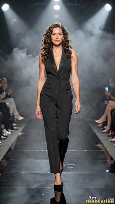 Walking forward on a smoky runway, a woman wears a black tailored jumpsuit