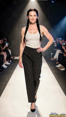 A smiling woman steps along the runway in a white tank top and black trousers