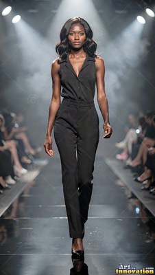 Dressed in a black sleeveless jumpsuit, a woman moves down a runway in harsh spotlights