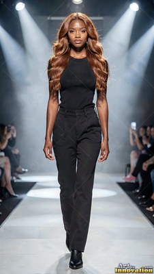 Walking forward on the runway, a woman is wearing all black under spotlights