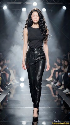 Walking the runway, a woman is dressed in a black tank top and shiny leather pants under spotlights