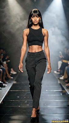 Walking straight down the runway, a woman wears a black crop top