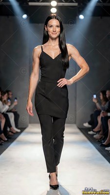 A smiling woman walks down the runway in a sleek black jumpsuit under bright lights