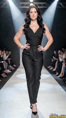 On a brightly lit runway, a dark-haired woman poses in a black jumpsuit