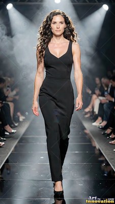 Walking the runway, a woman with curly hair wears a black jumpsuit under spotlights
