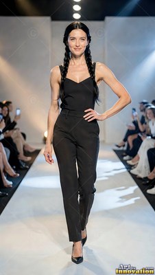 Woman with braided hair walks the runway in black pants