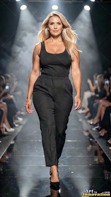 A blonde woman walks forward down a dark runway in an all black outfit under shining spotlights
