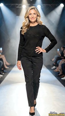 Walking forward on a bright runway, a smiling woman poses in an all-black suit