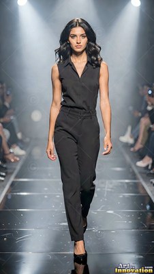 A woman in a sleeveless black jumpsuit walks down a runway under harsh spotlights