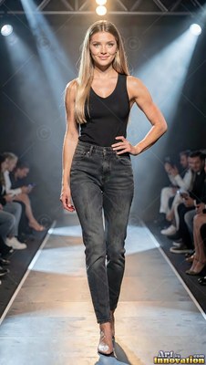 Walking down a runway, a blonde woman poses in a black tank top and jeans