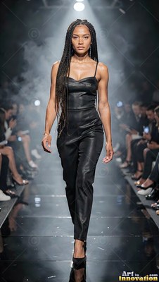 On a smoky runway, a woman with long braids walks forward in a black leather jumpsuit